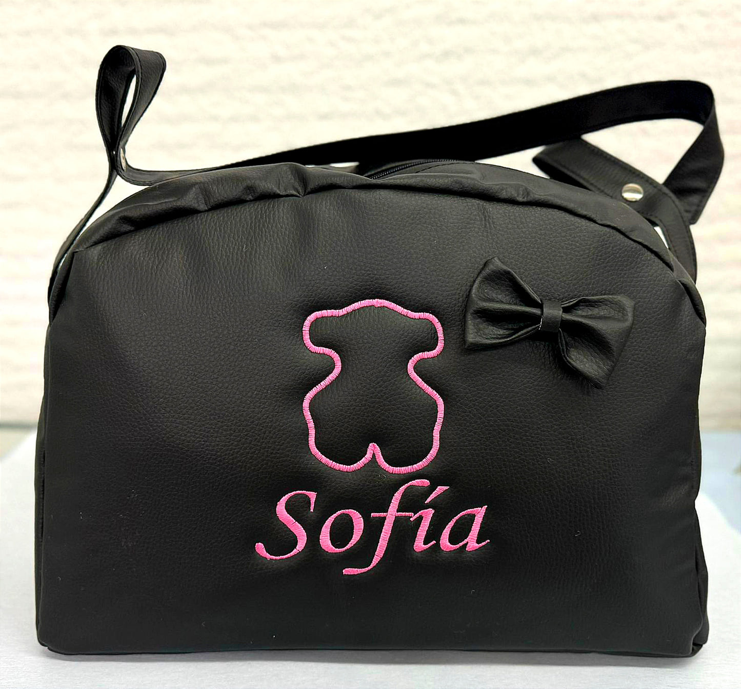 Bolso Carro Bebe Polipiel Bolso Carrito Bebe Personalizado con Oso Bordado Bolsa Maternidad Bolso Hospital Bebé con asa larga para colgar