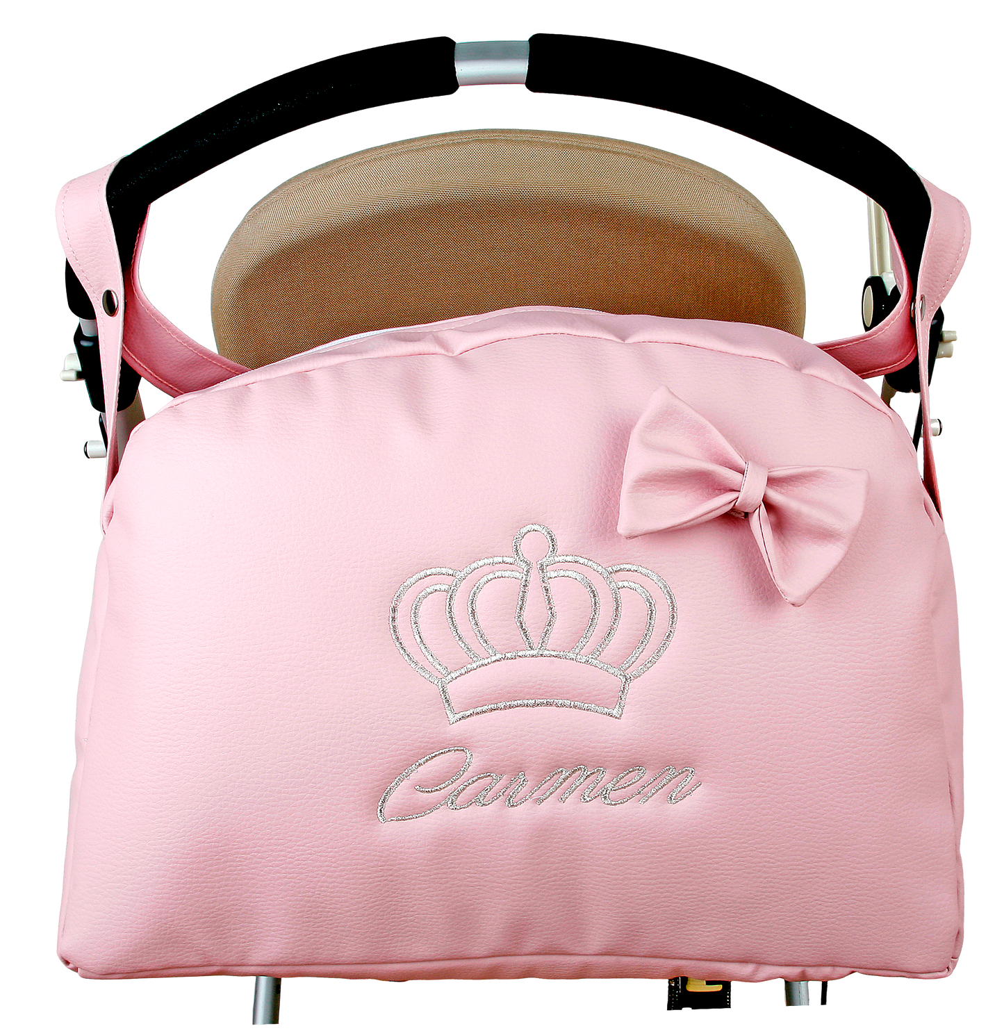 Bolso Carro Bebe Polipiel Bolso Carrito Bebe Personalizado con Corona Bordado Bolsa Maternidad Bolso Hospital Bebé con asa larga para colgar