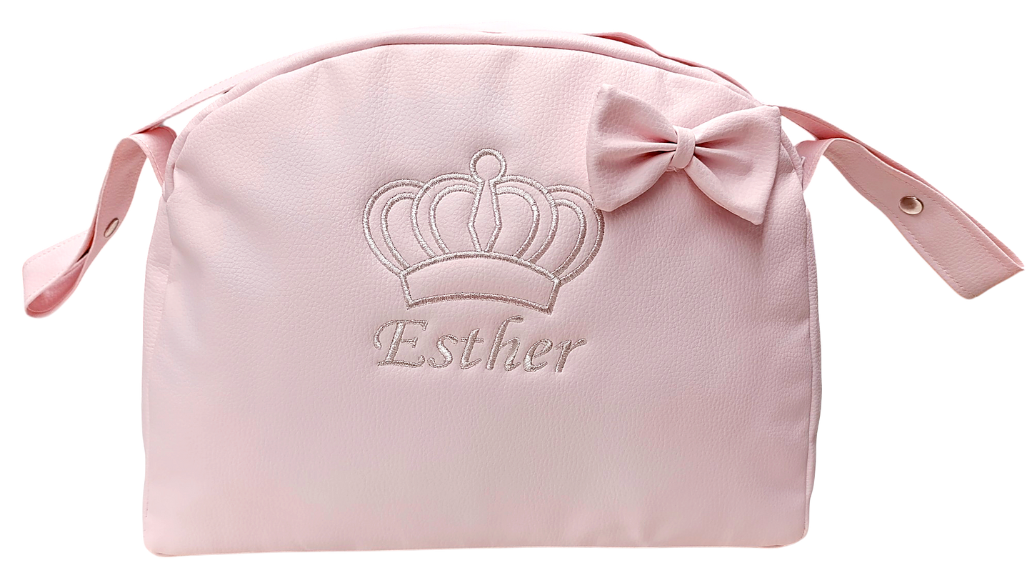 Bolso Carro Bebe Polipiel Bolso Carrito Bebe Personalizado con Corona Bordado Bolsa Maternidad Bolso Hospital Bebé con asa larga para colgar