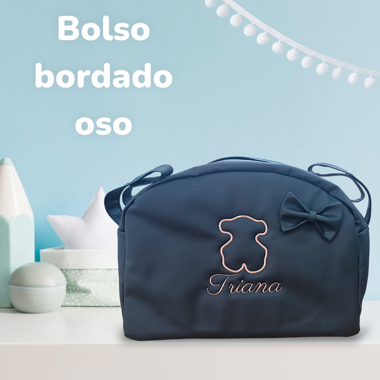 Bolso Carro Bebe Polipiel Bolso Carrito Bebe Personalizado con Oso Bordado Bolsa Maternidad Bolso Hospital Bebé con asa larga para colgar